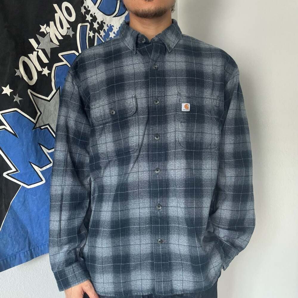 Carhartt Relaxed Fit Plaid Flannel Button Down Shirt Blue Gray XL Workwear